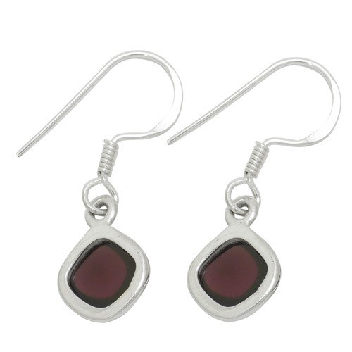 Silver Earrings (Pair) Square Garnet Hook Type