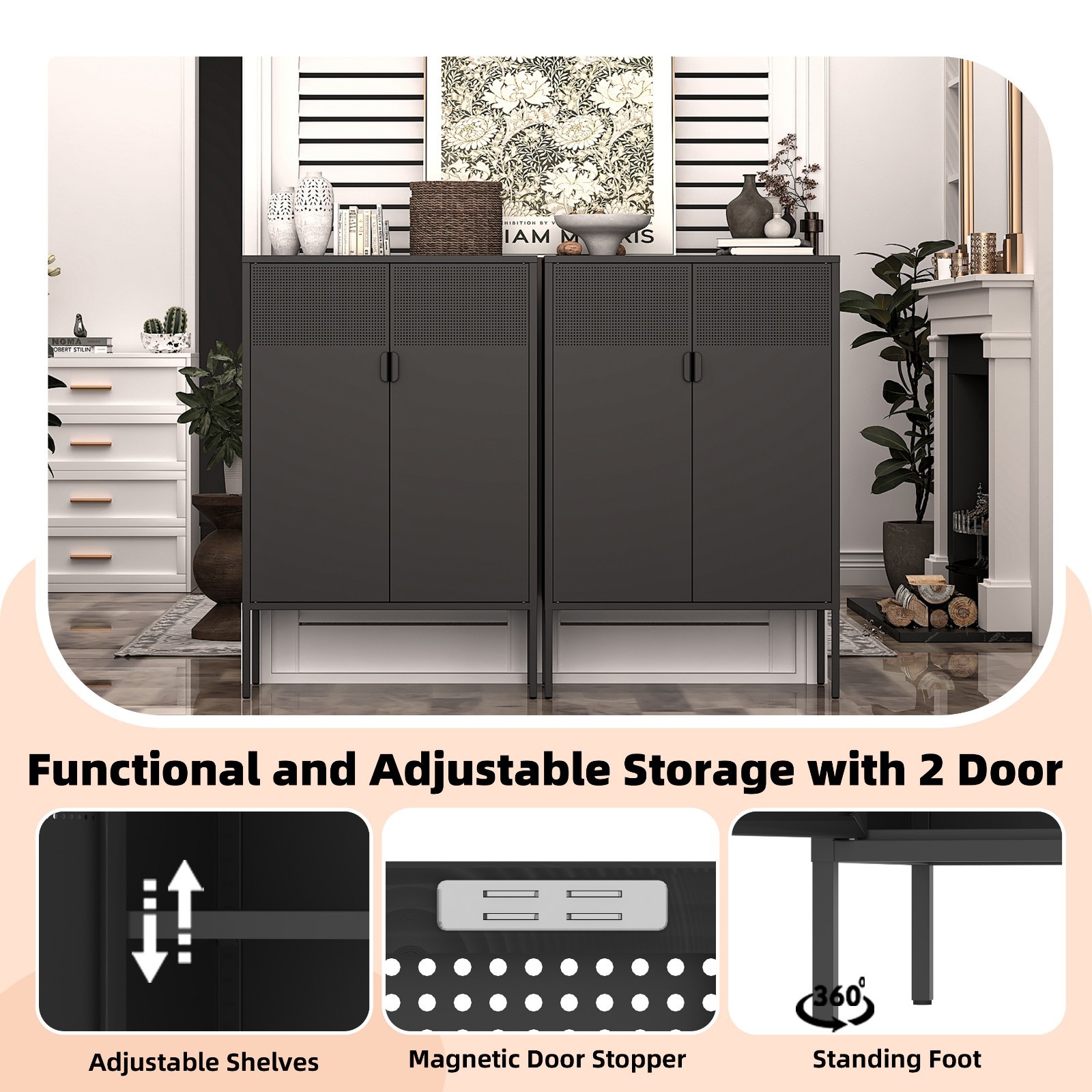 Black Metal Storage Cabinet,2 Door TV Stand, Metal Mesh Accent Cabinet