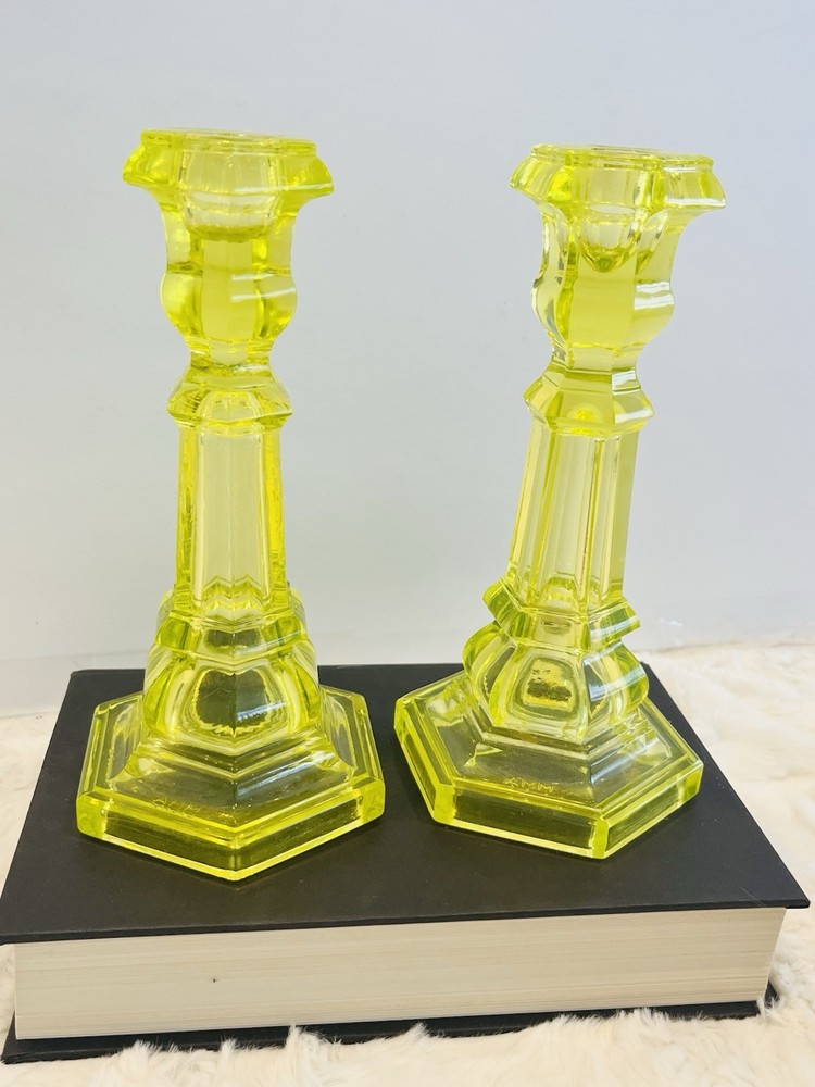 Vintage Vaseline Glass Candlesticks Pair GLOWS 8” Tall EUC