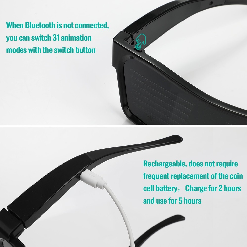 Customizable LED Glasses with Bluetooth, APP ControlDIY Text MessagesWhite Light