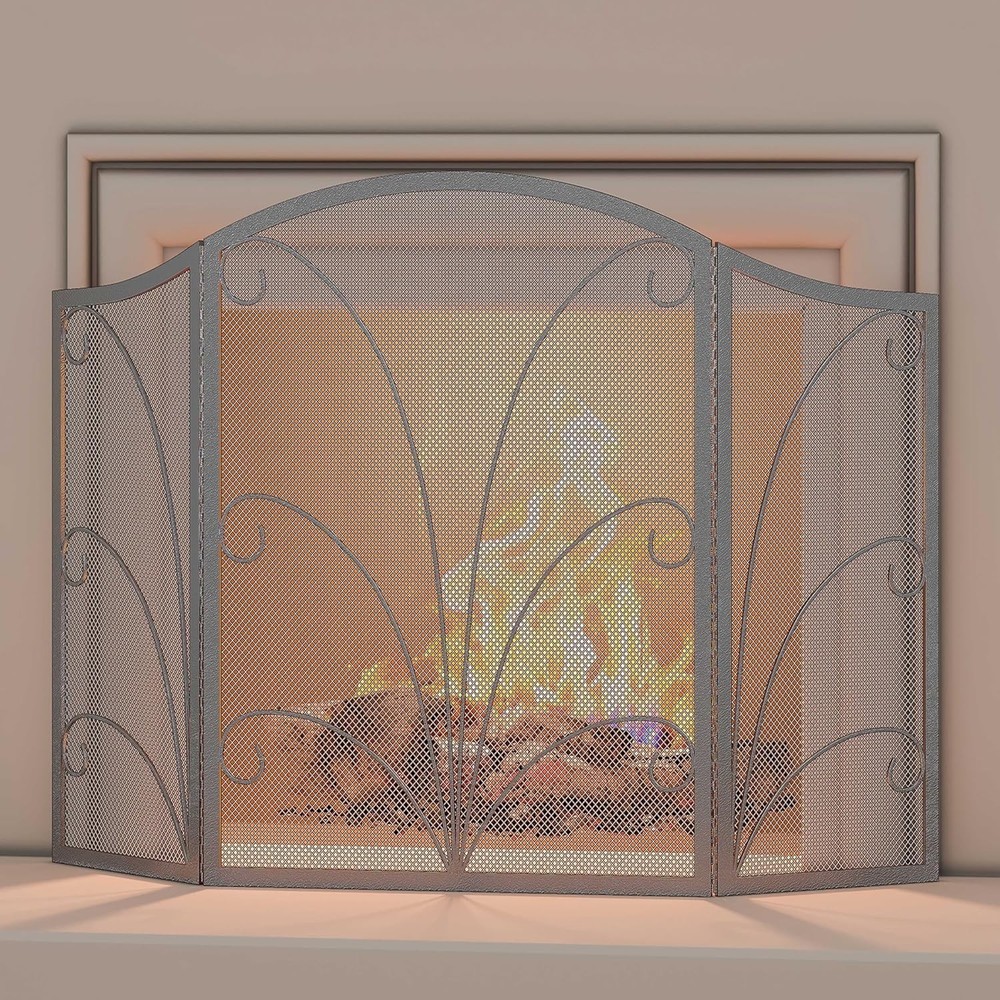 3-Panel Arched Fireplace Screen Decorative Handcrafted Scroll Wrought Iron