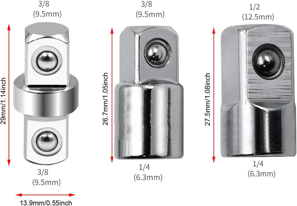 3 Pack Impact Socket Adapter Set Joint Chrome 3/8 Coupler + 3/8 to 1/4 +