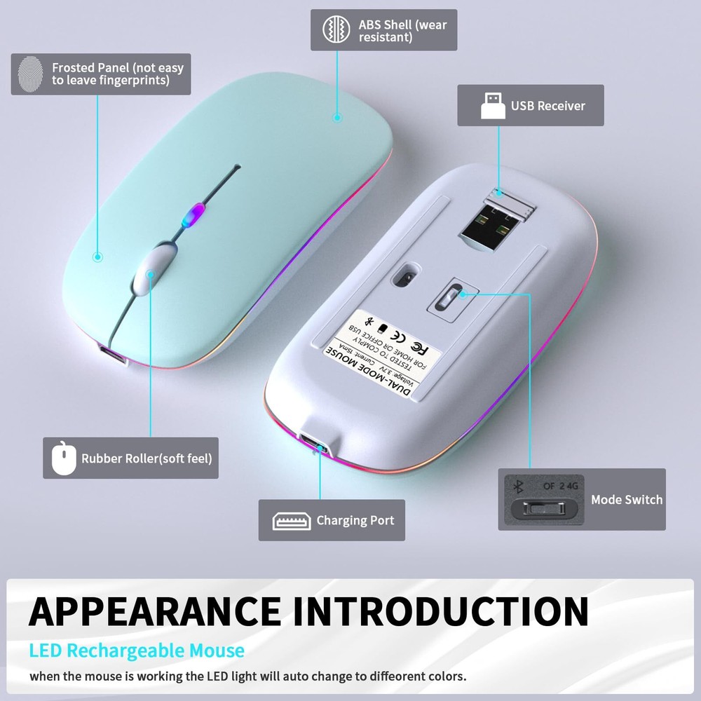 Wireless Bluetooth Mouse Rechargeable LED Dual Mode Mouse Bluetooth 5.2 and U...