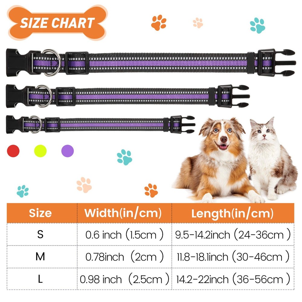 3 PCS Reflective Dog Collar Nylon Adjustable Quick Release Pet Medium Set