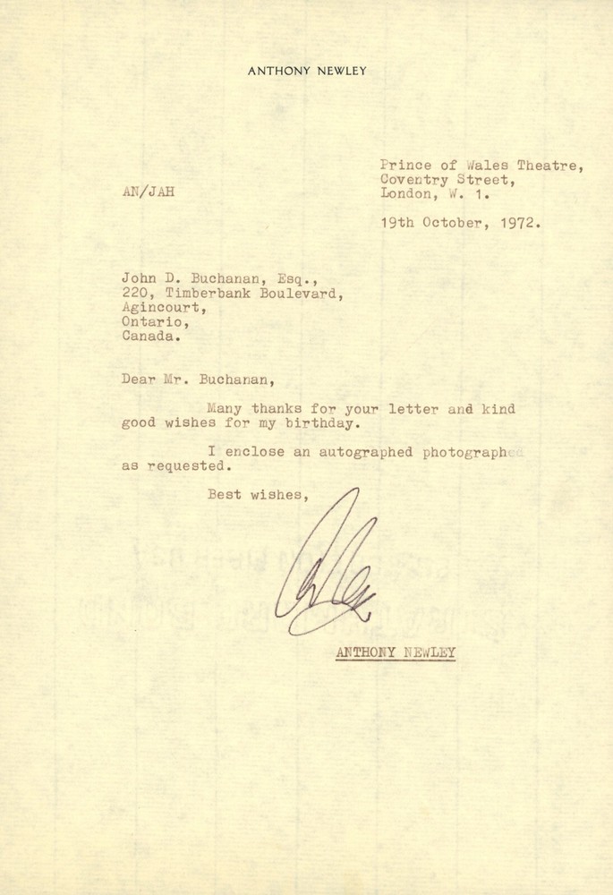 Anthony Newley Signed Letter