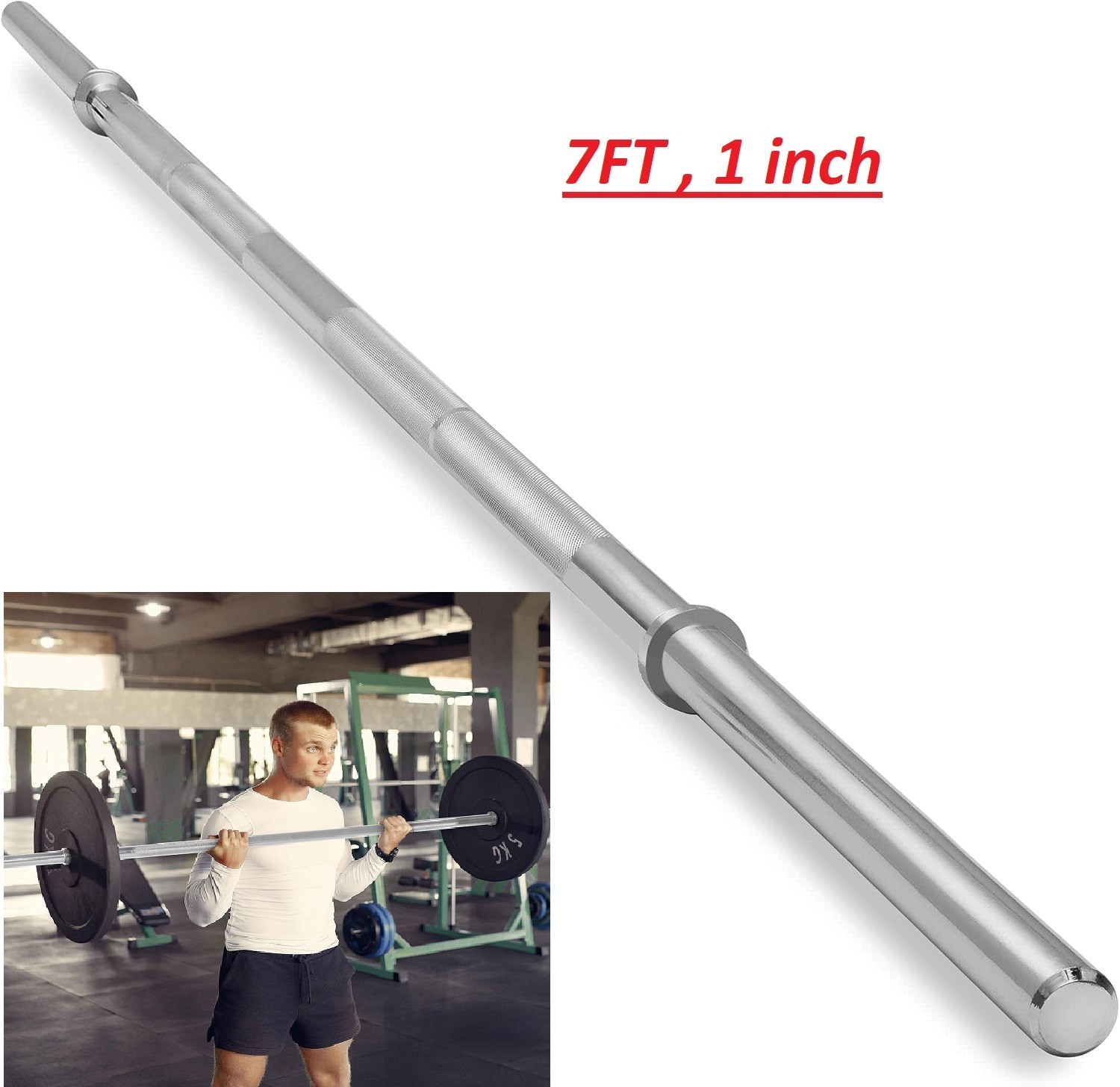 Fitness Weight Bar 7FT Barbell 1 Inch Solid Chrome Workout Exercise Lifting
