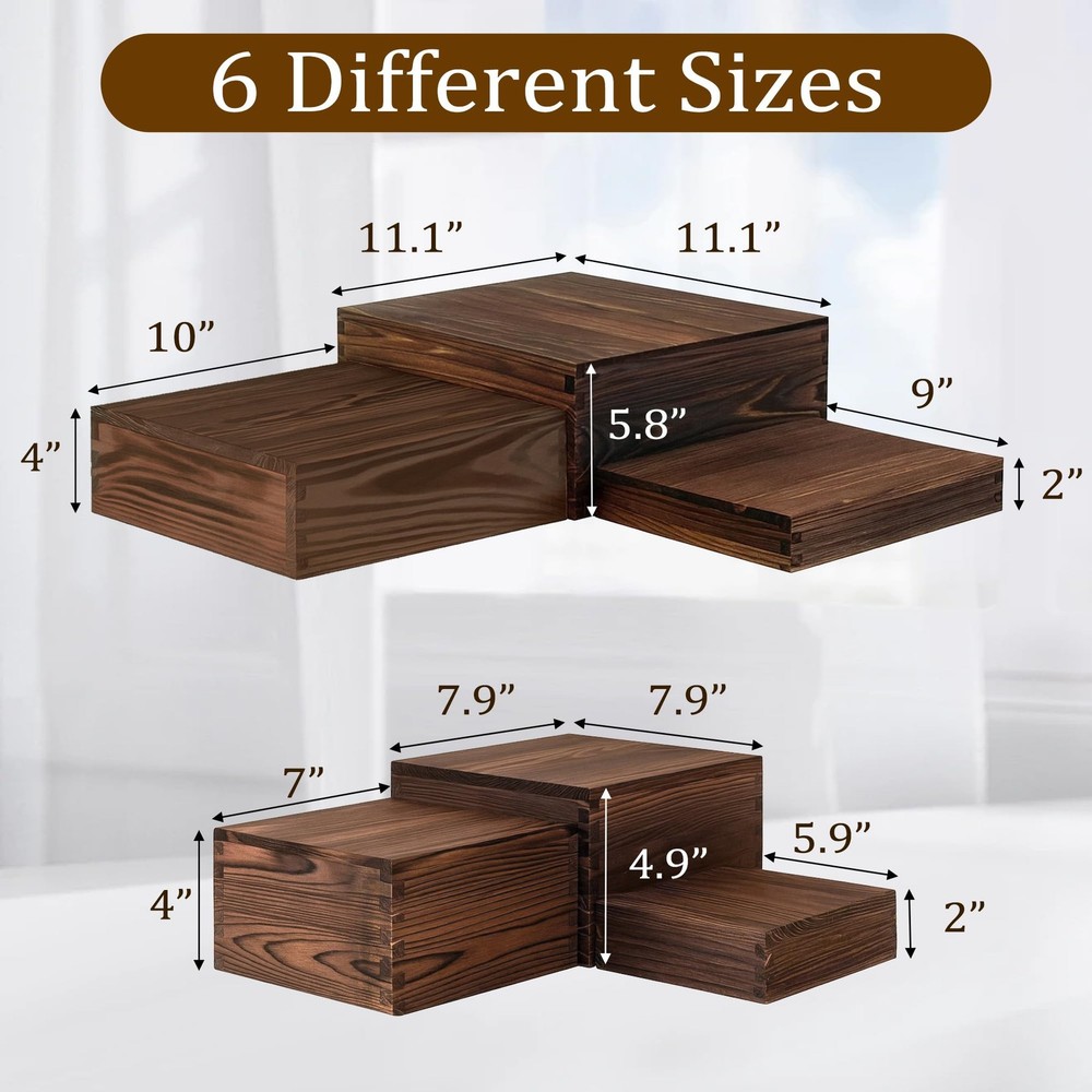 6-Pack Wood Risers Display Stands, Multi-Height Food Risers for Buffet Table,...