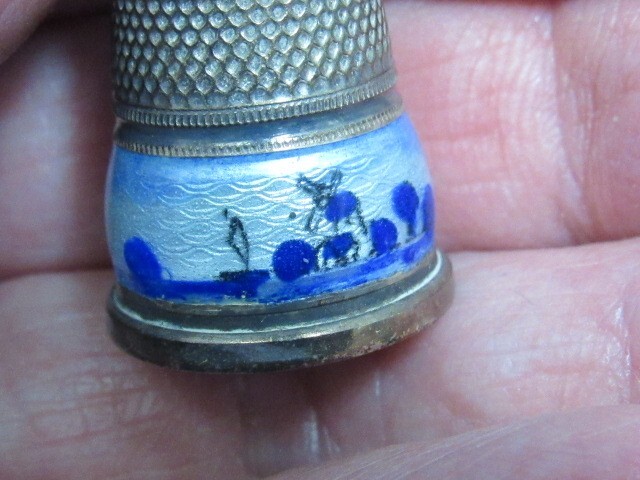 Enamel & Sterling Silver Thimble - Windmill Scene