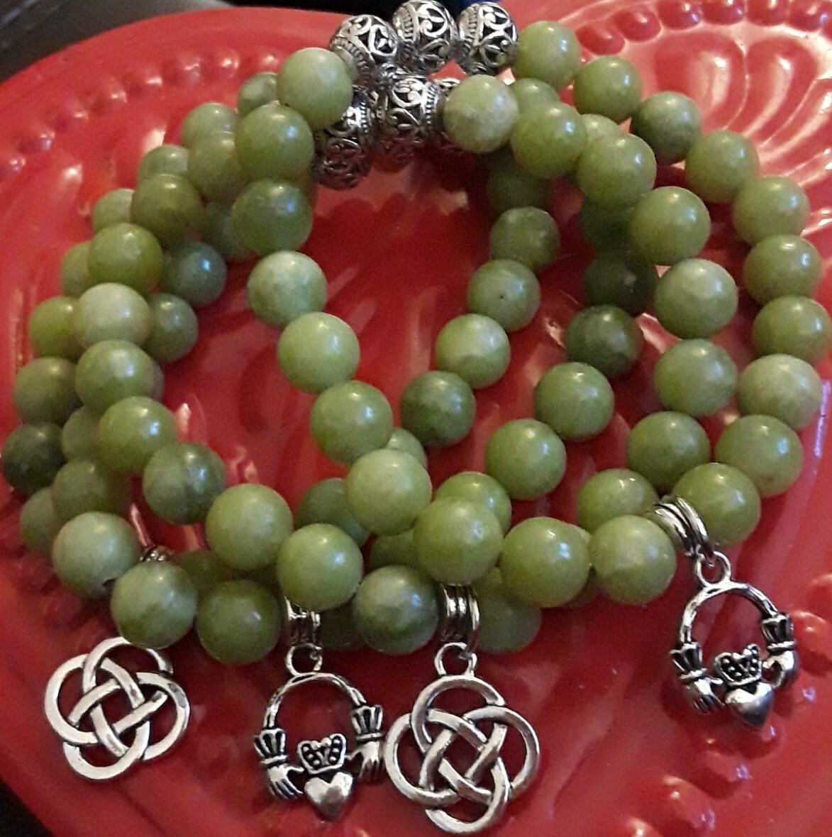 Connemara Marble Bead Bracelet with Irish Claddagh Charm