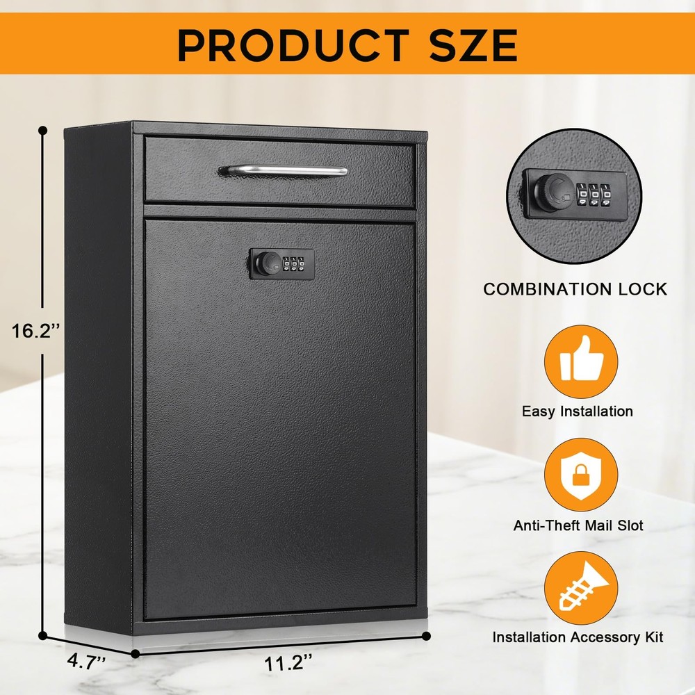 xydled Wall Mount Mailboxes with Combination XL Large, Black Lock