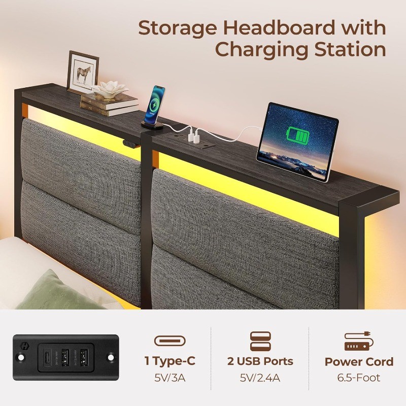 Seventable Twin Bed Frame with Upholstered Storage Headboard