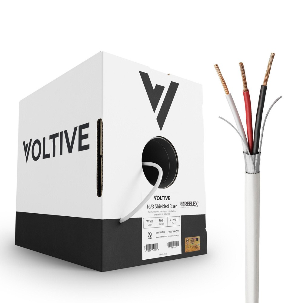 Voltive 16/3 Shielded Low Voltage Wire, Riser CL3R, White, 500ft