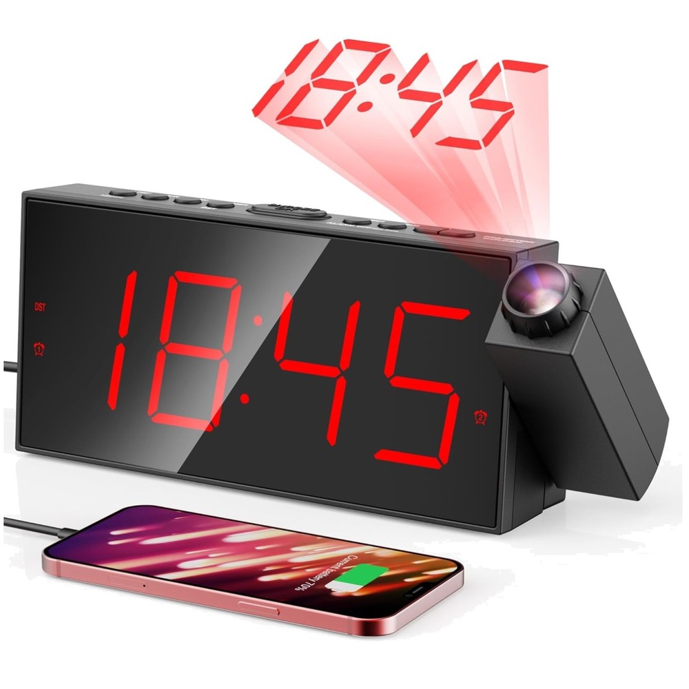 Rotatable Projector Alarm Clock, Clear Display, USB Charger