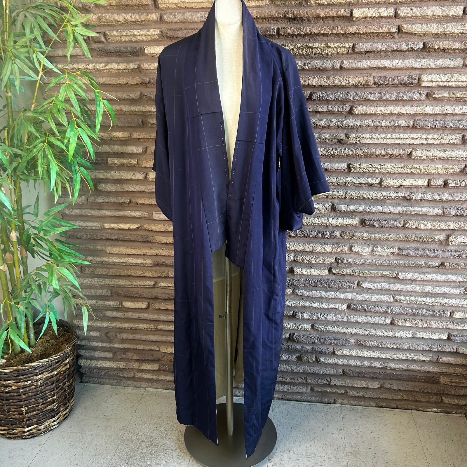 Japanese Vintage Navy Blue Windowpane Full Length Kimono Robe 100% Silk Lined