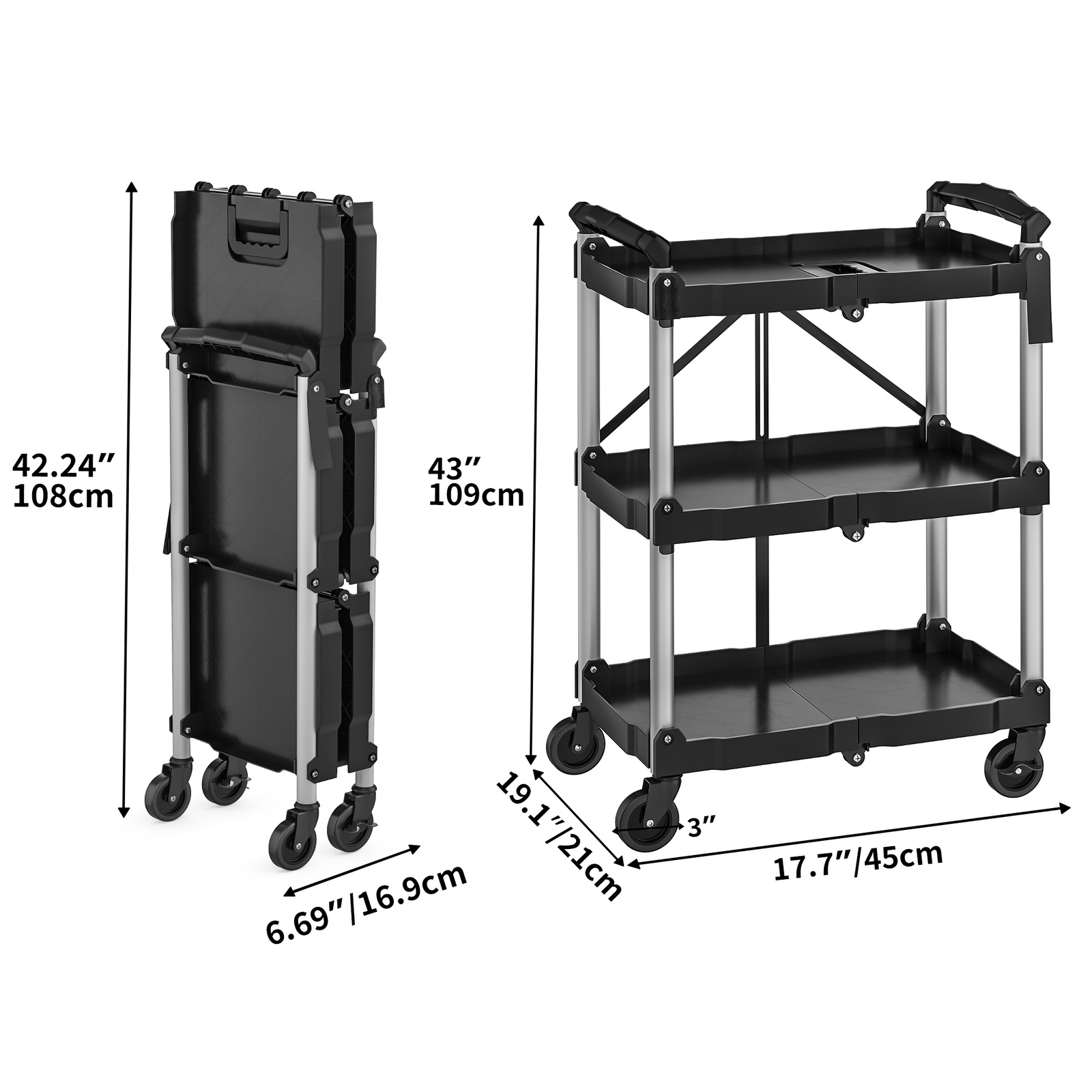Foldable Utility Service Cart 3 Shelf 240LBS Portable Rolling Collapsible Cart