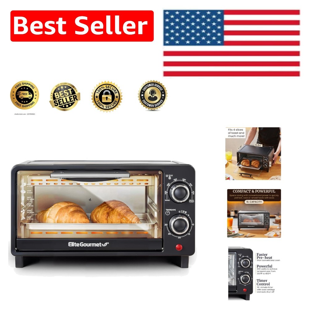9L Compact Toaster Oven with Adjustable Temperature & 30-Minute Timer, Black
