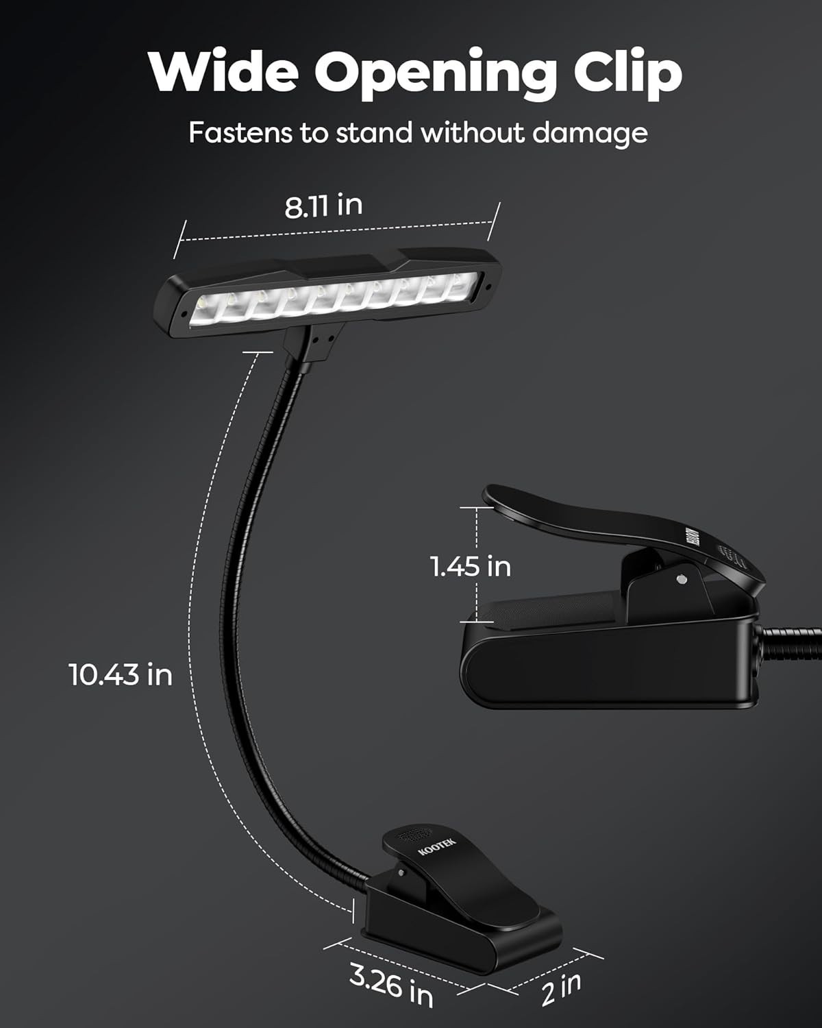 Black Clip-On Music Stand Light LED with Brightness Control Rechargeable