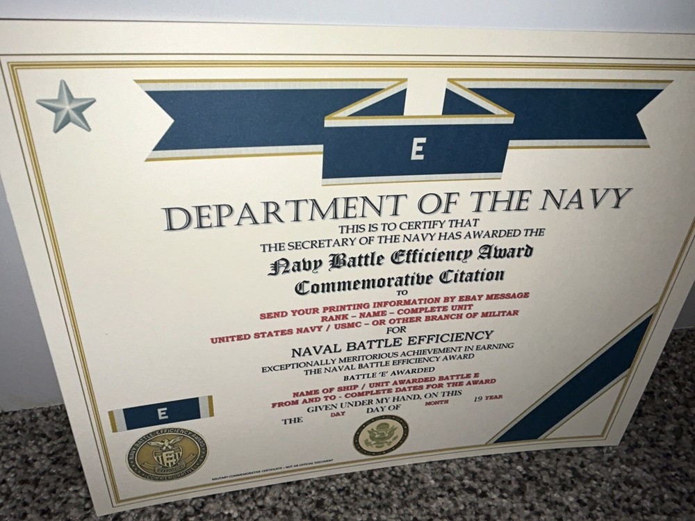 NAVY BATTLE EFFICIENCY AWARD COMMEMORATIVE CERTIFICATE ~ TYPE-2 / W/PRINTING