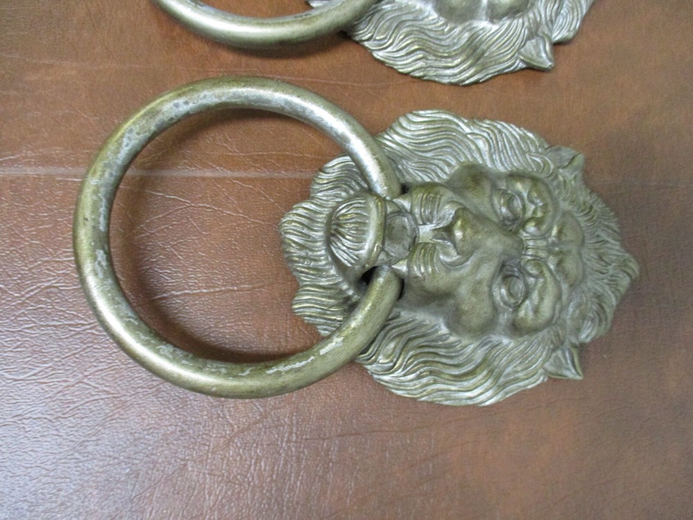 2 Vintage Large Brass Lion Head Drawer Pulls Knobs handles