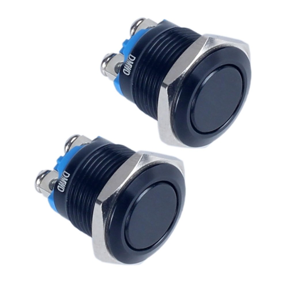 2-Pack 16mm Metal Momentary Push Button Switch Black Momentary Flat Head