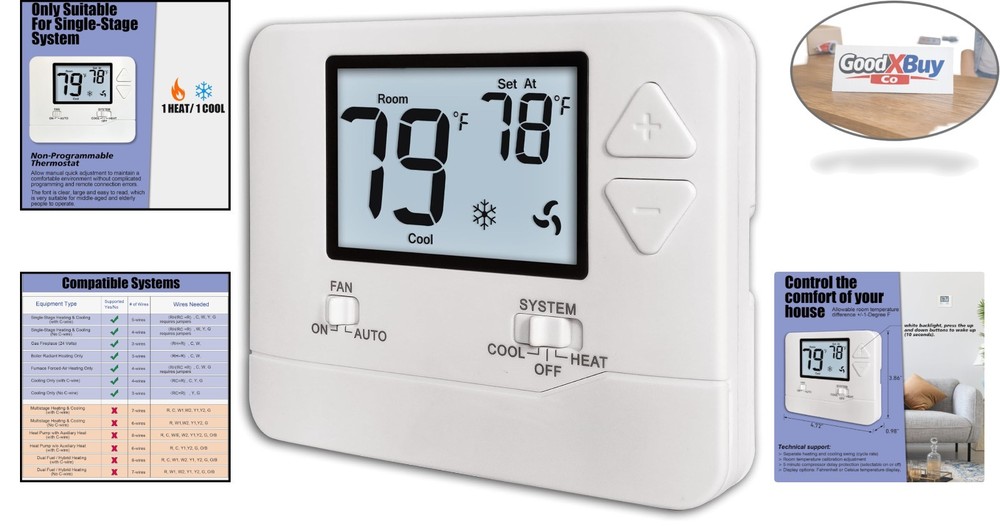 Wired Non-Programmable Thermostat for Single-Stage HVAC White Backlit