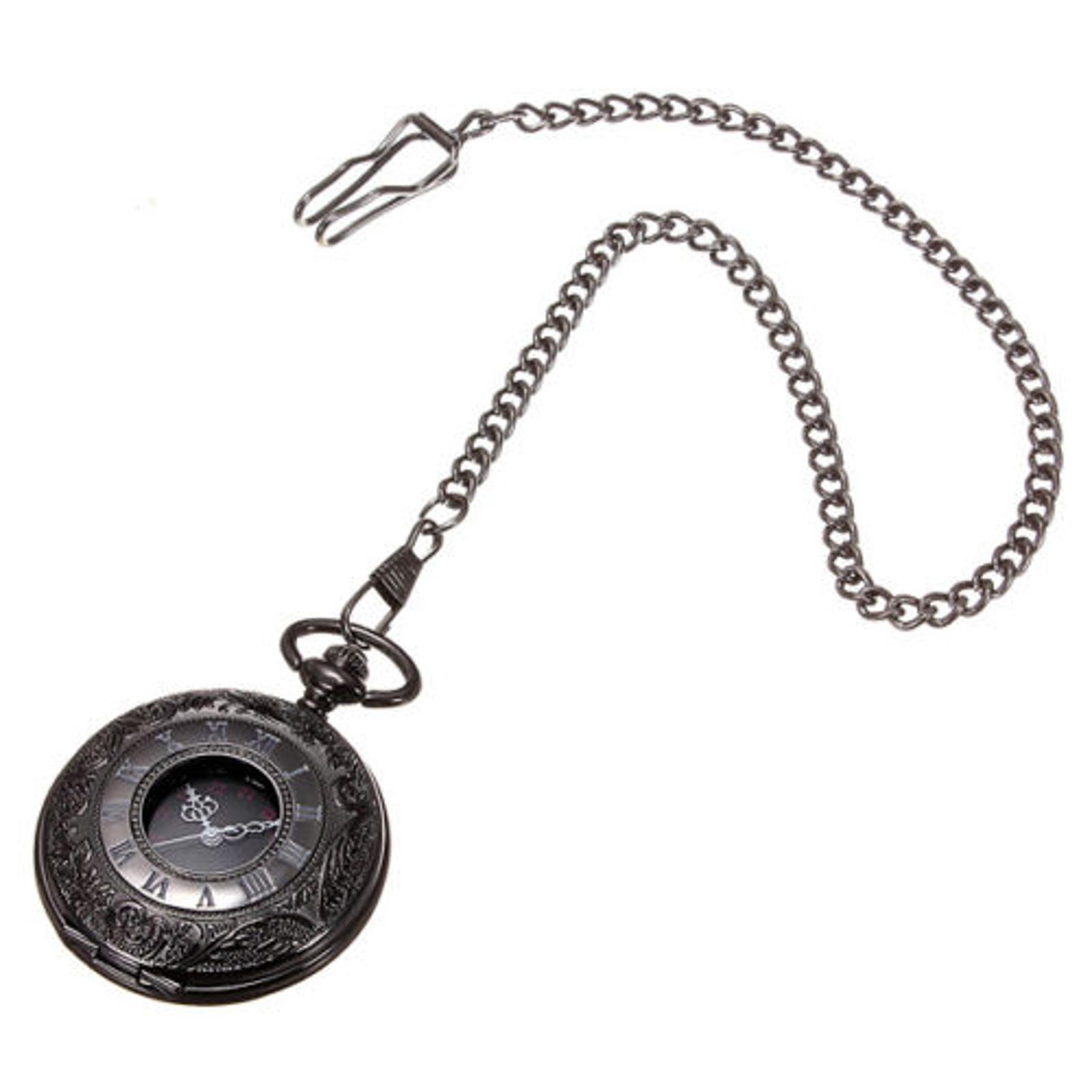Retro Steampunk Pocket Watch Black Vintage Quartz Pendant Necklace Chain Gift