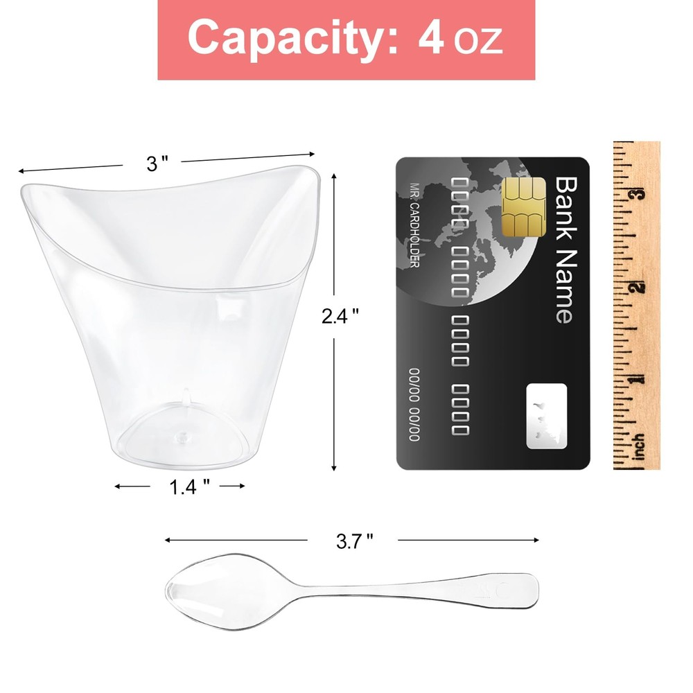 Qeirudu 4 oz Triangular Mini Dessert Cups with Spoons, 50 Pack Plastic Appetizer