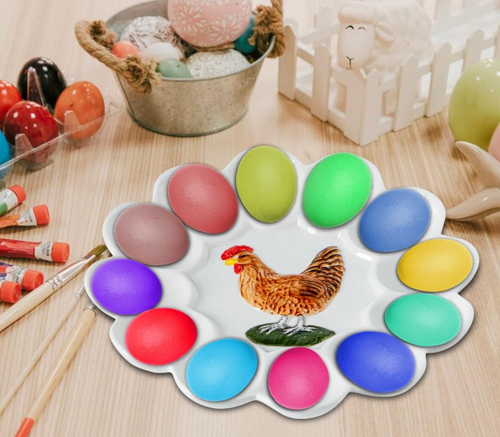 dgudgu Ceramic Deviled Egg Platter White Deviled Egg Tray With Chicken Patter...
