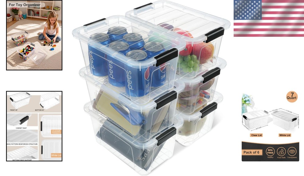 Stackable Plastic Storage Bins with Lids - 6 Pack
