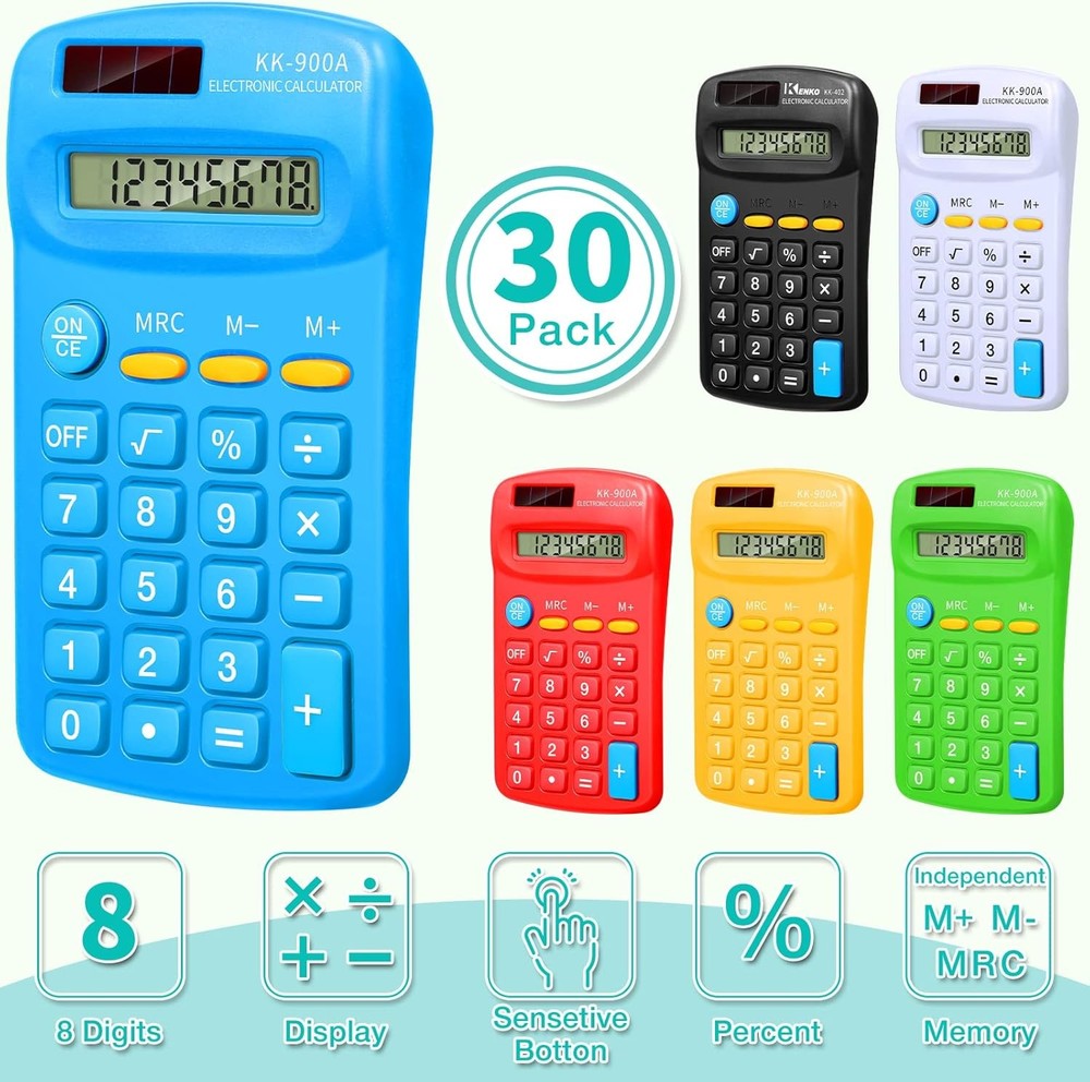 30 Pack Pocket Calculator Small Battery Powered Bulk Mini Size 4 Function Hand