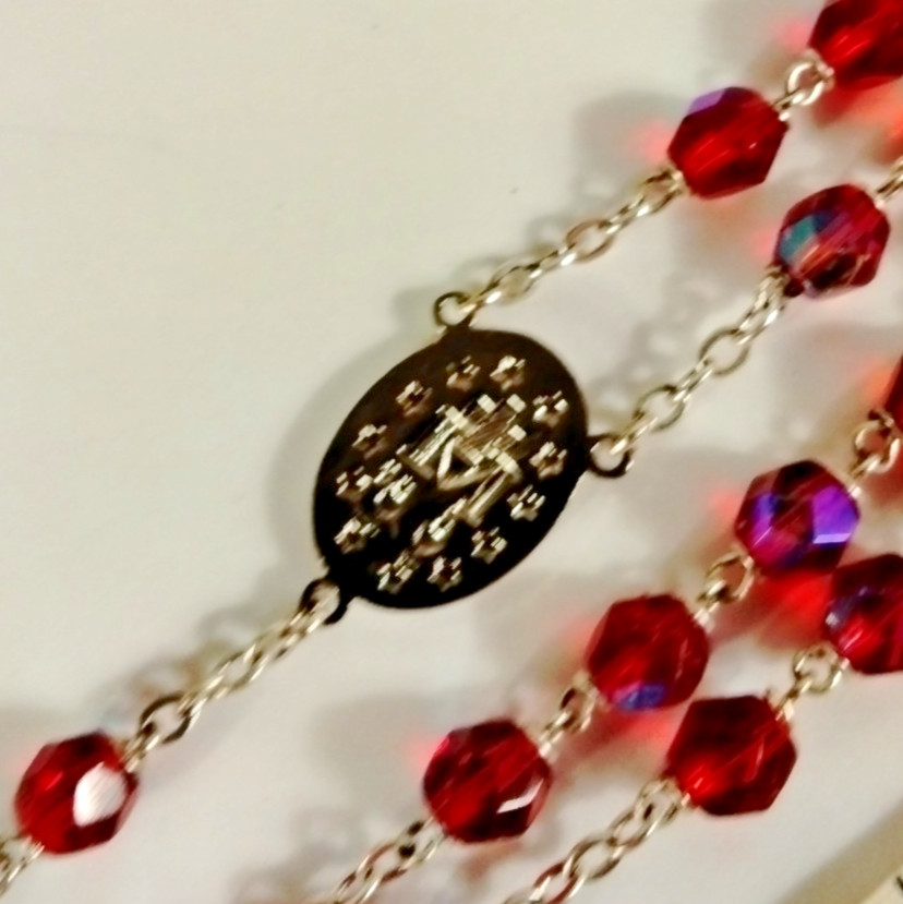 Vintage Ruby Red Crystal Rosary Aurora Borealis Beads ITALY NOS