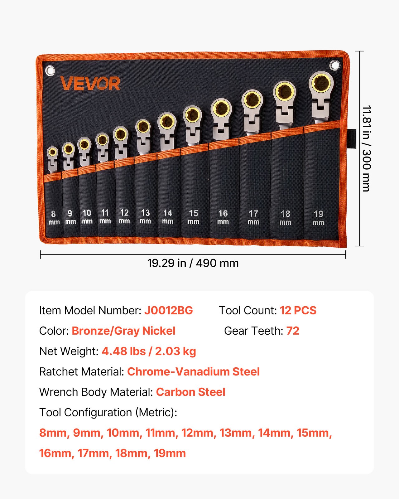VEVOR Flex-Head Ratcheting Wrench Set Combination Wrench Set 12-Piece Metric