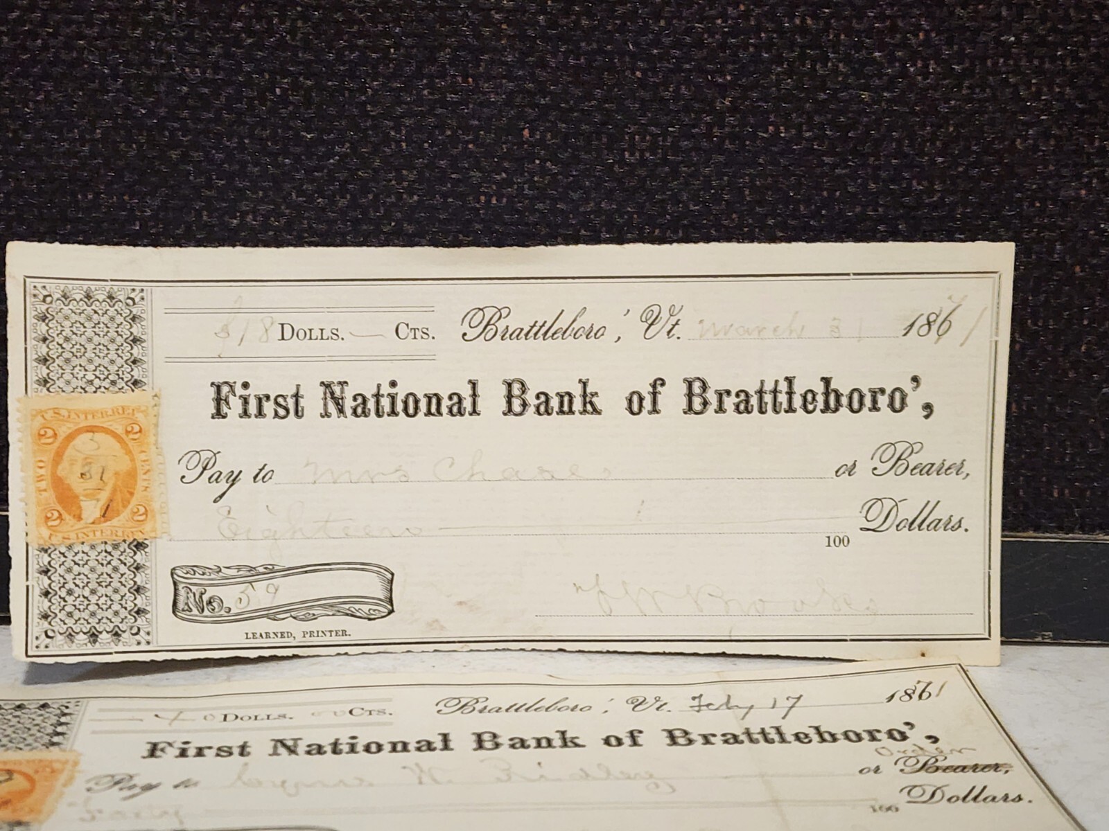 LOT OF 7- Antique Civil War Era Bank Checks w/Stamps BATTLEBORO VERMONT