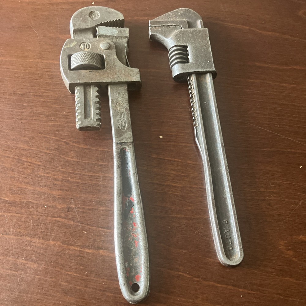 Antique 9 Auto and Stillson Pipe Wrenches