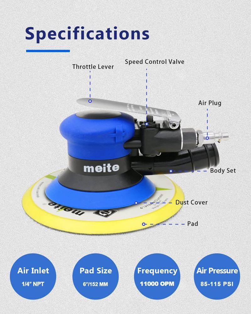 Meite 6" Random Orbital Air Sander - Variable Speed, Low Vibration, Dust Coll.