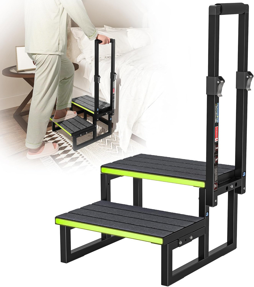 Step Stool with Adjustable Handrail (26"To 40") Aluminium 2-Step Stool W/Step Co