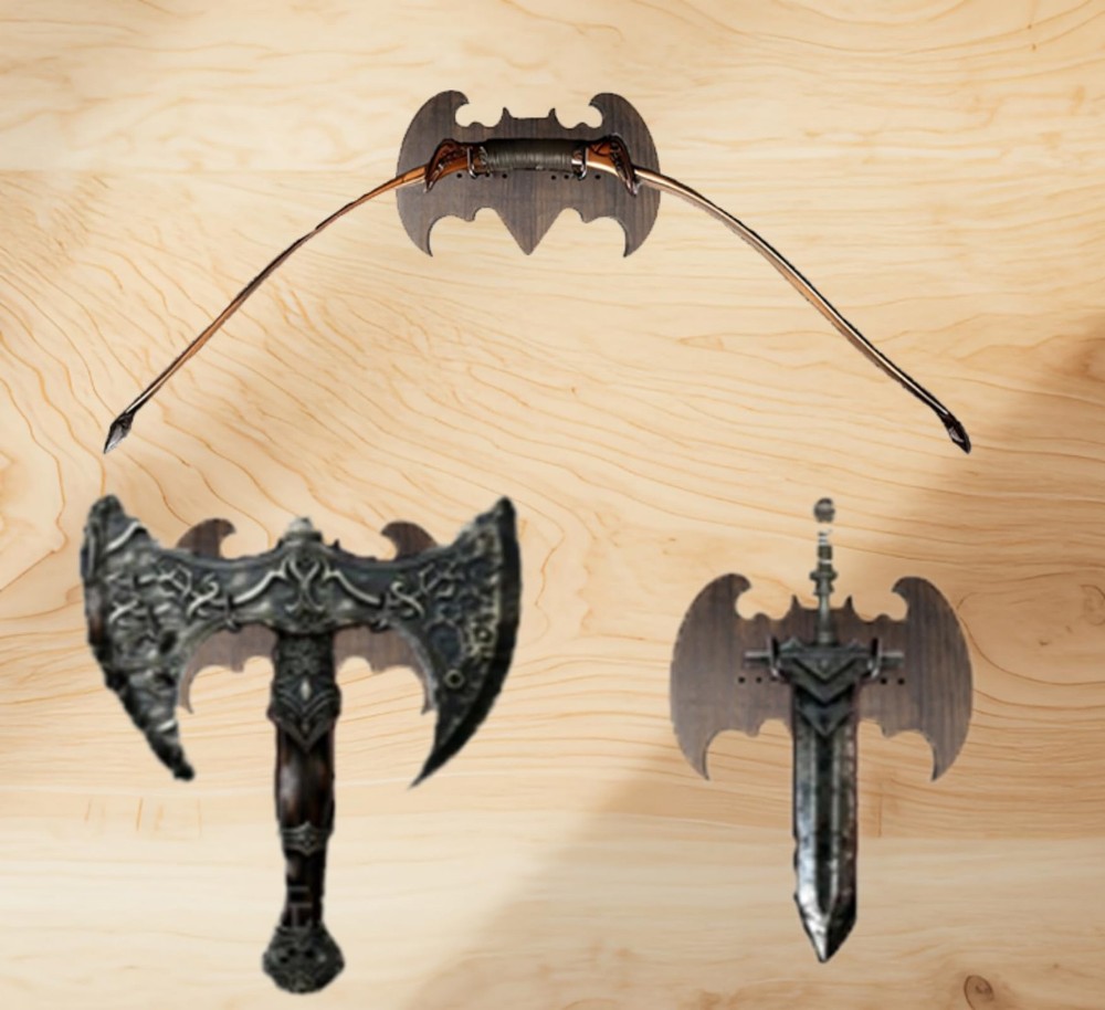 Walnut Solid Wood Sword Wall Rack - Bat-Shaped Wall Mount Storage Display Sta...