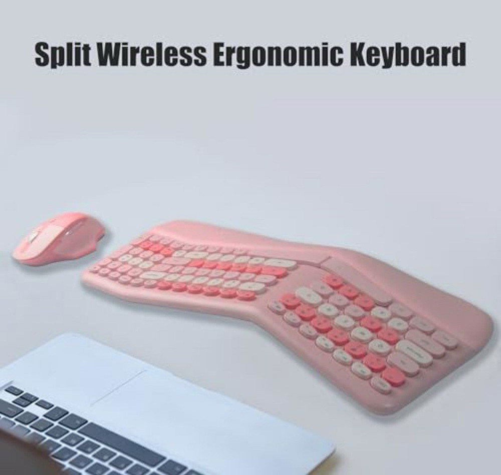 Wireless Ergonomic Split Keyboard Mouse Bundle, Pink/White, QWERTY, Wrist Rest