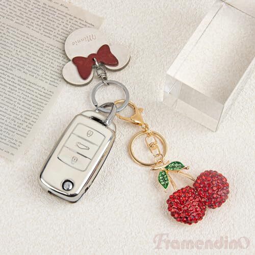 Framendino, 2 Pack Cherry Keychains Rhinestone Cherry Key Chain Crystal