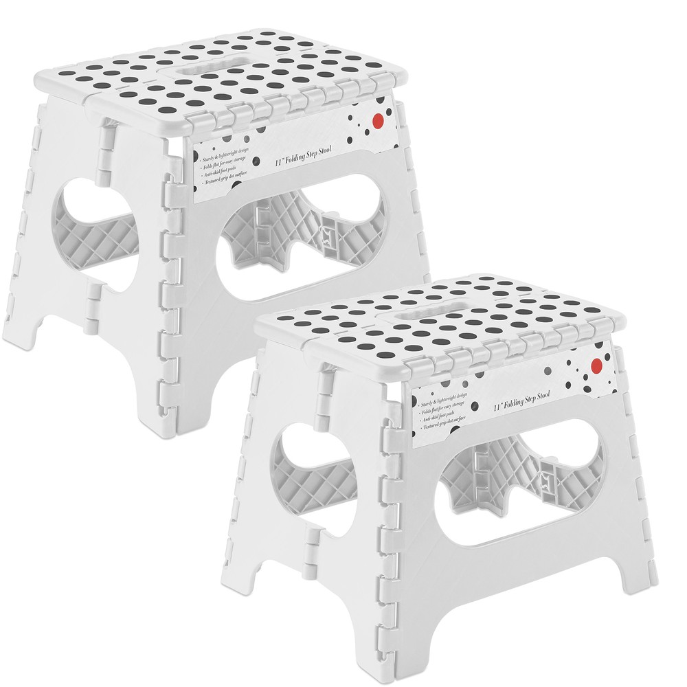 2 Pack - 11" Folding Plastic Step Foot Stools with Handle - White