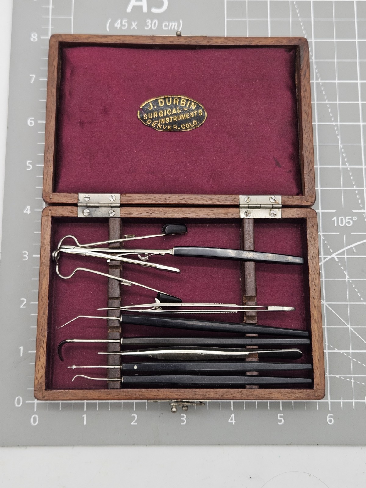 Antique Medical Eye Surgical Instruments J. Durbin Surgical Optometry Wood Rare