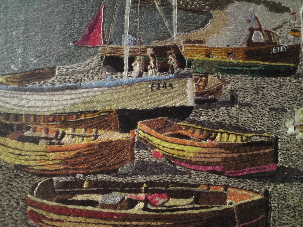 Framed Embroidery Needlework / Wool-work Picture - Beer Harbour, Seaton Devon