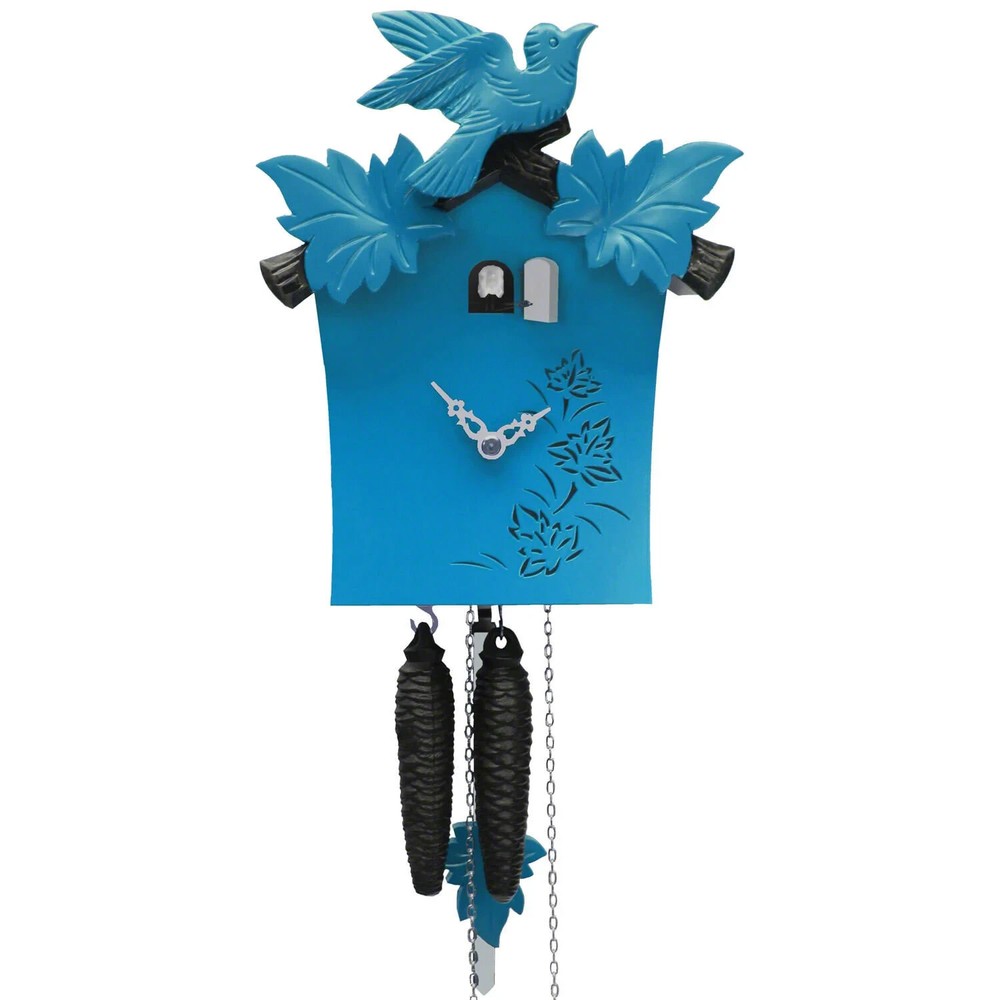 Exquisite Modern Blue Cuckoo Clock with Handcarved Bird, Handmade Rectangle