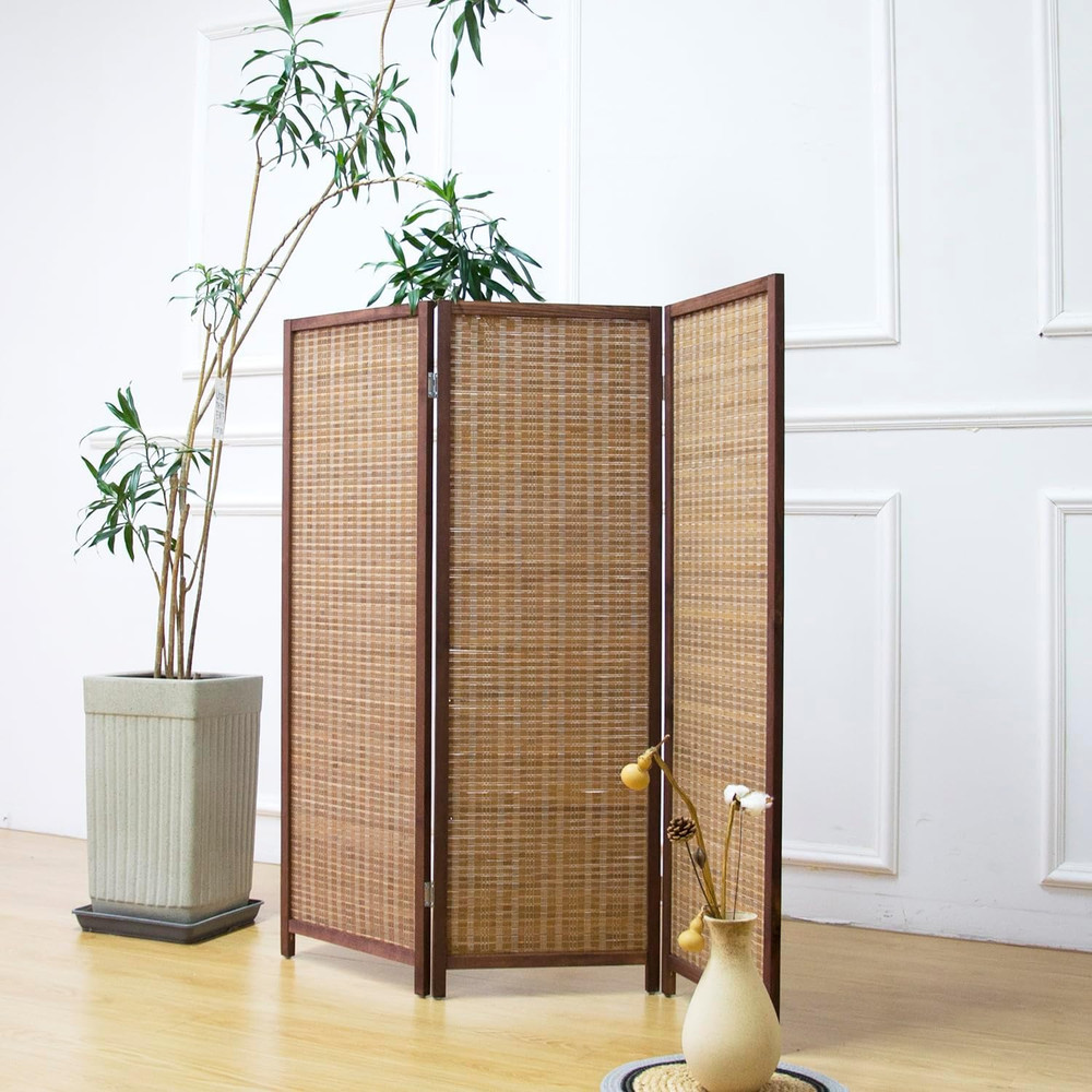 3 Panel Bamboo Room Divider Folding Screen Double Sided Privacy Screen Brown