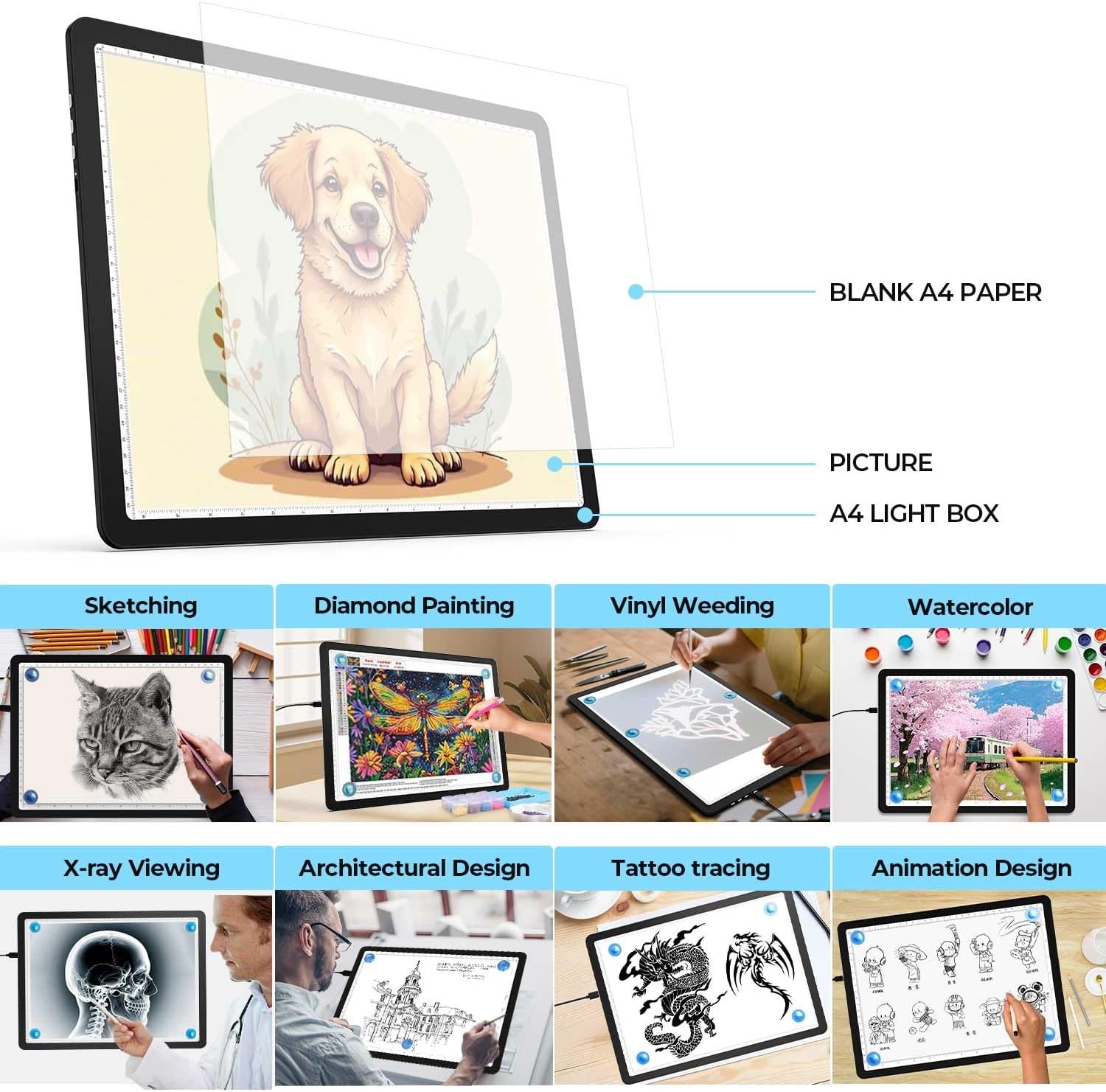 A4 LED Light Box for Tracing and Drawing - Ultra-Thin Dimmable Artist Copy Board