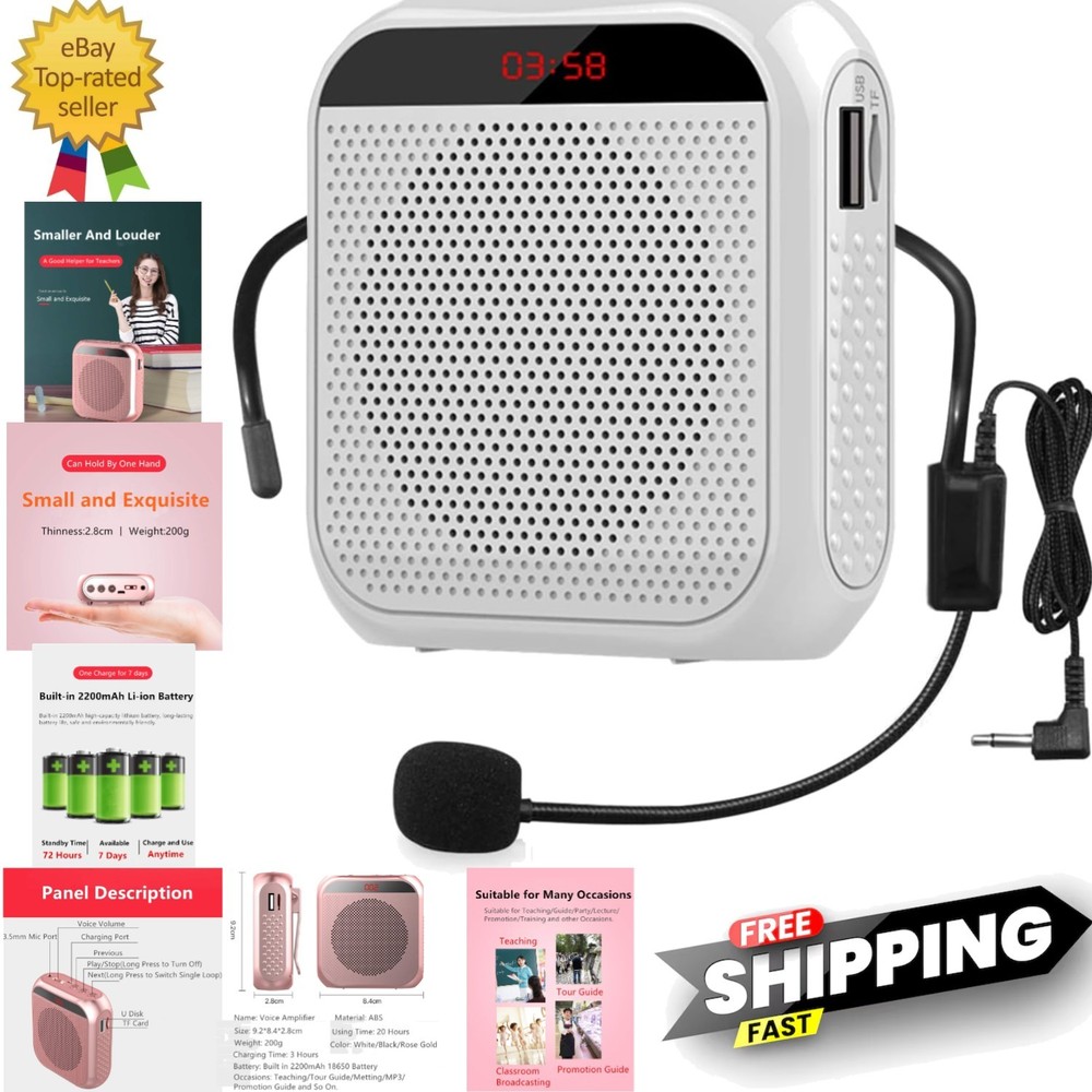 Portable Voice Amplifier with Wired Microphone Headset Rechargeable PA System...