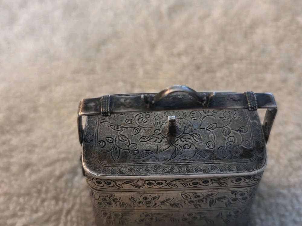 CHINESE Silver Antique Rectangular Lidded/Handled BOX Floral Engraving Marked CS