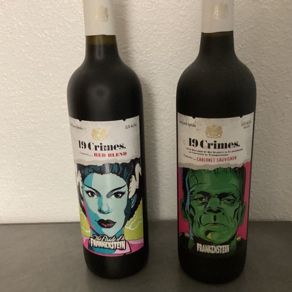 EMPTY 19 CRIMES THE Bride & FRANKENSTEIN Universal Monsters WINE BOTTLE