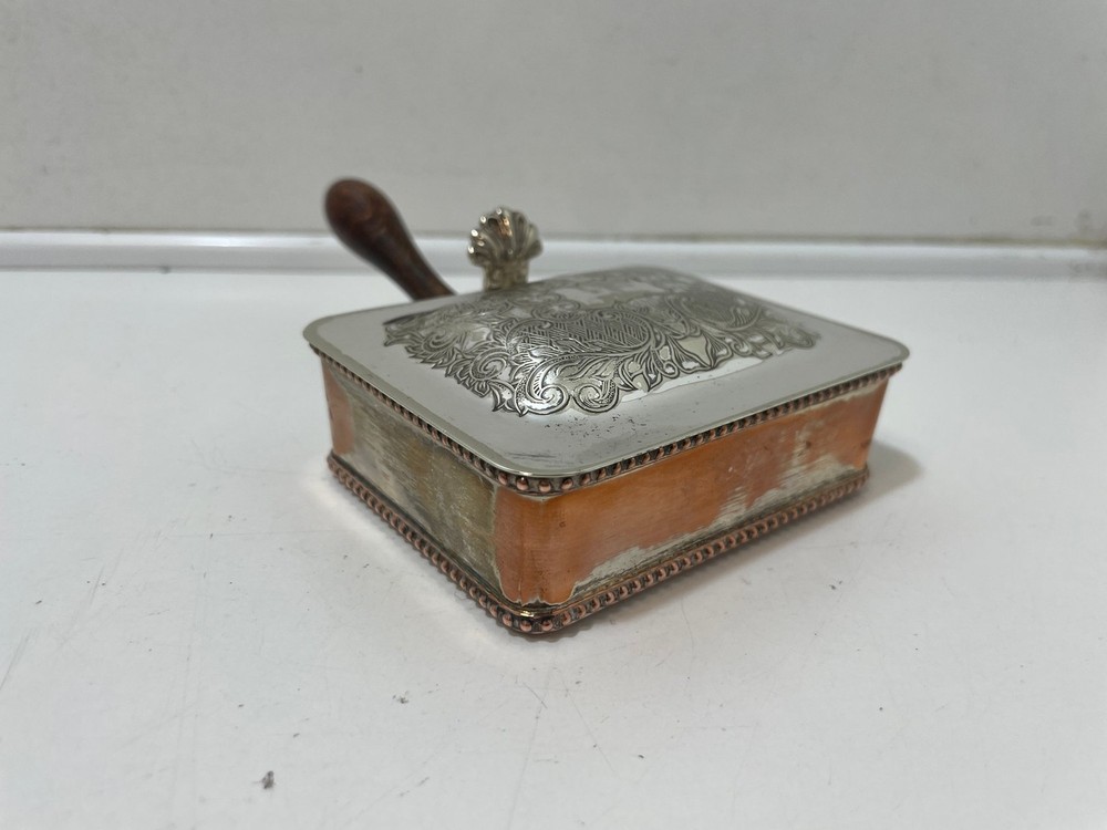Silver Plate Rectangular Box Crumb Tray with Handle Engraved Artwork Vintage