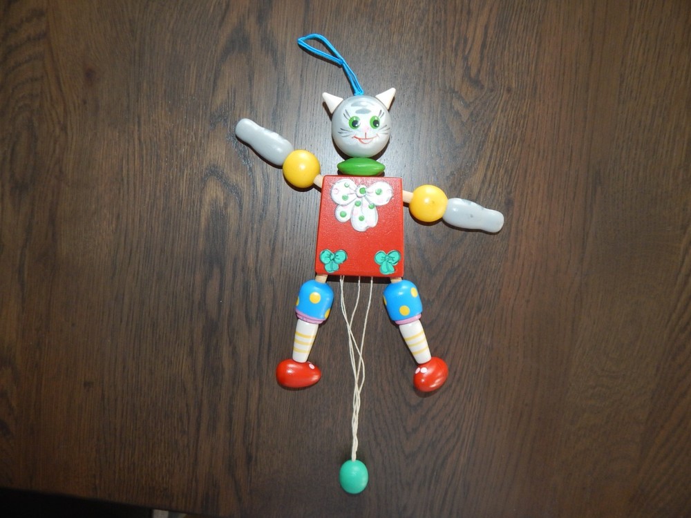 Wooden Jumping Jack Puppet Toy Pull String Dog & Cat Ornaments